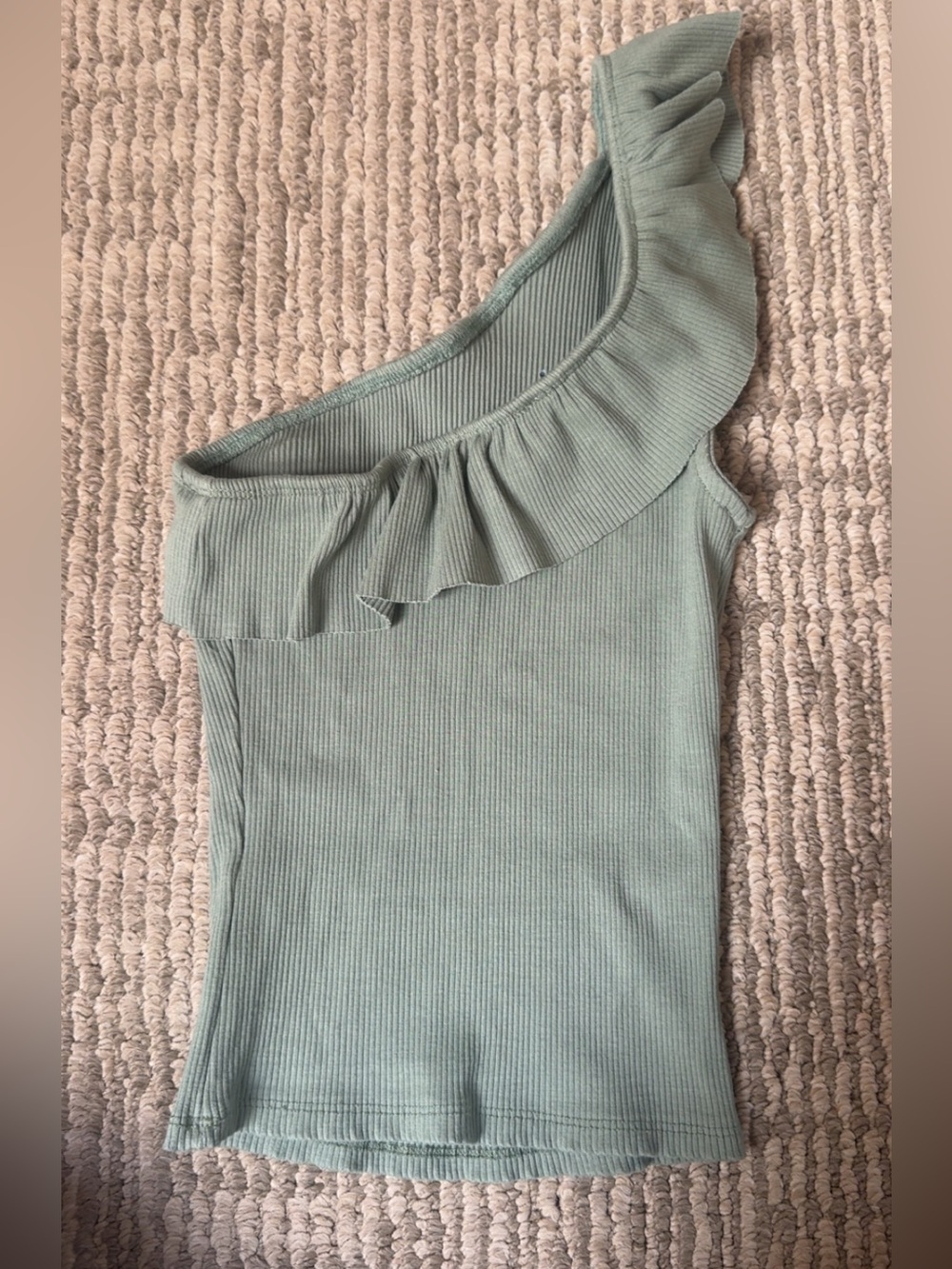 One-Shoulder Ruffle Ribbed Shirt - Sage Green - Picture 2 of 3